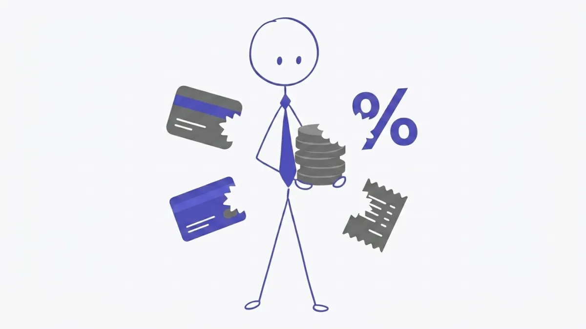 Stick figure holding a coin stack getting bitten into by a credit card and a percentage sign